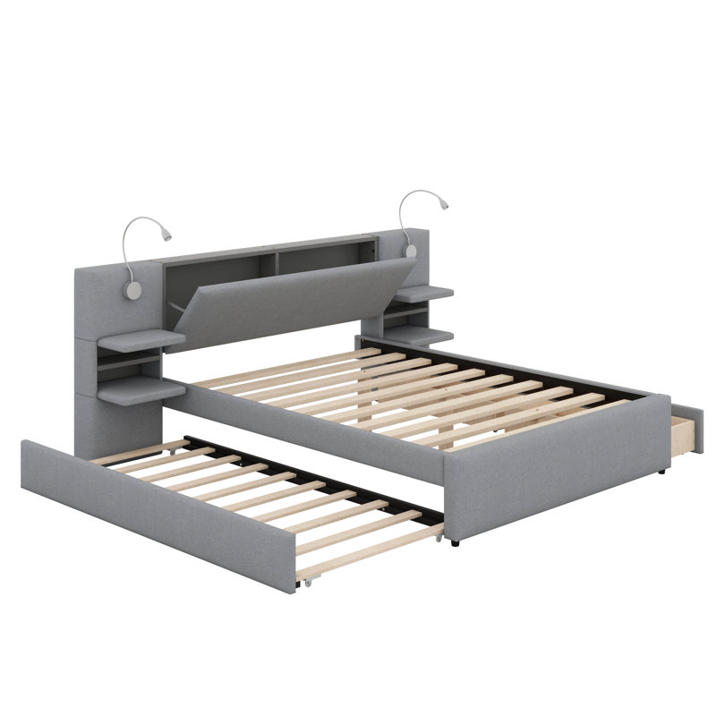 Base de lit grand, cadre de lit gigogne grand avec 2 tiroirs de rangement, lampes de lecture, tête de lit de rangement, support de rangement