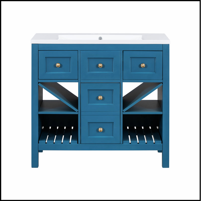 Meuble-lavabo 36 po avec lavabo en résine, structure en bois massif, 5 tiroirs et portes à fermeture douce pour un rangement efficace et élégant