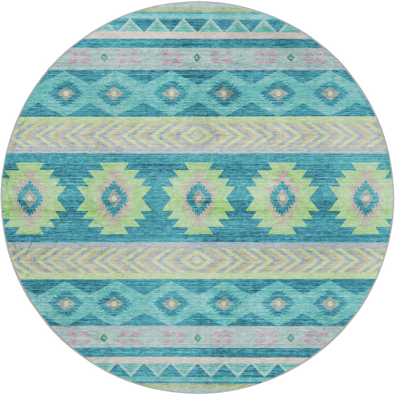 Premium Machine Washable Dream Shag ADS178 Aztec Rug, Peacock, 8' Round