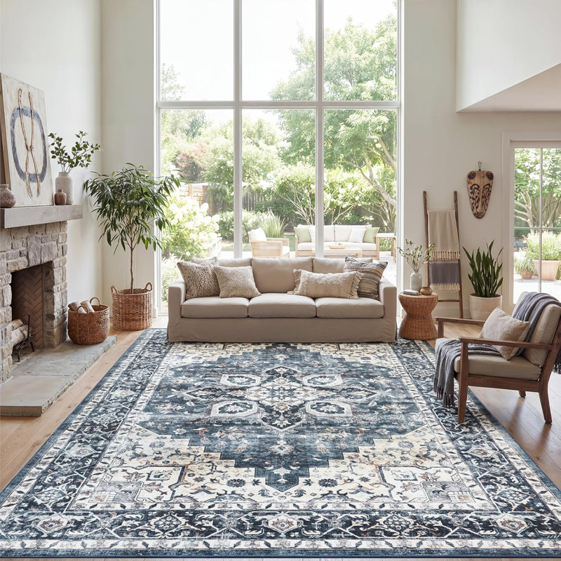 Tapis lavable 9 x 12, grand tapis à profil bas avec envers antidérapant et bordure durable, grands tapis rétro pour le salon, la chambre à coucher et la salle à manger