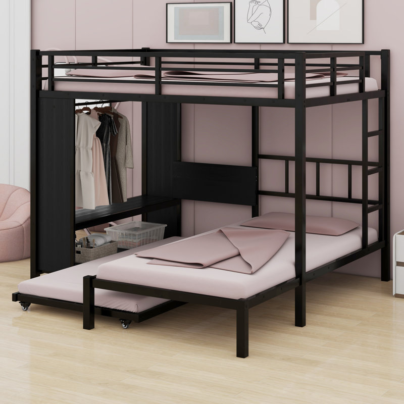 Lit superposé en métal avec garde-robe, lit gigogne, bureau pliable, échelles, Simple sur simple