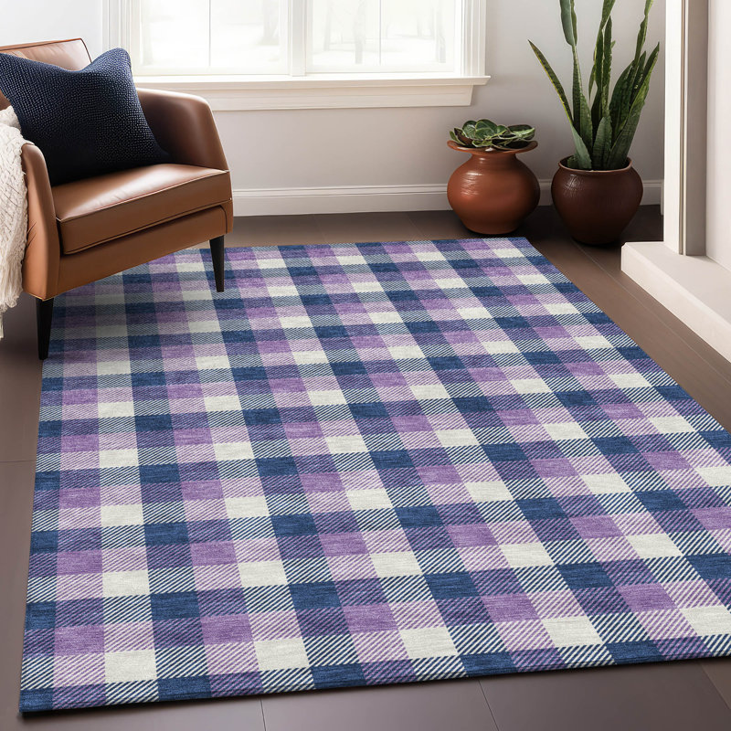 Navy and Purple Plaid Synthetic Washable Area Rug