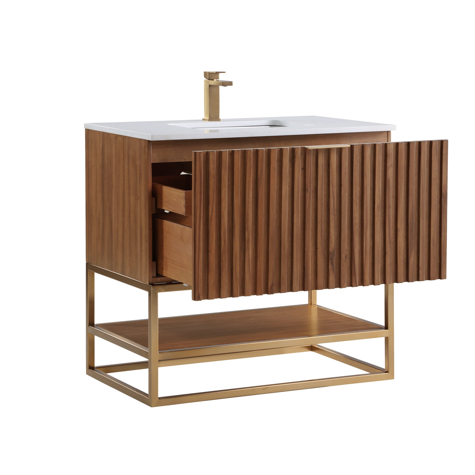 Terra 36'' Single Bathroom Vanity, Walnut, Satin Brass, Calacatta Quartz/Widespread Faucet Mount