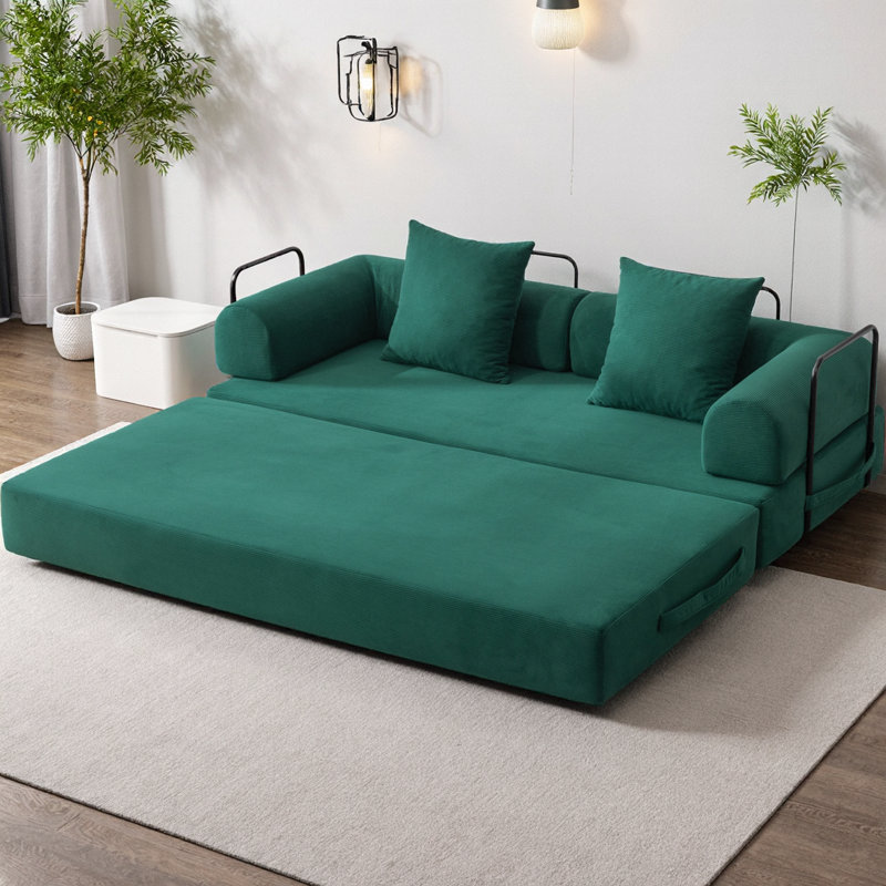Canapé-lit modulaire pliable compressé avec structure en métal, canapé convertible 2 places en velours côtelé avec pochette de rangement pour les petits espaces, les appartements et les dortoirs