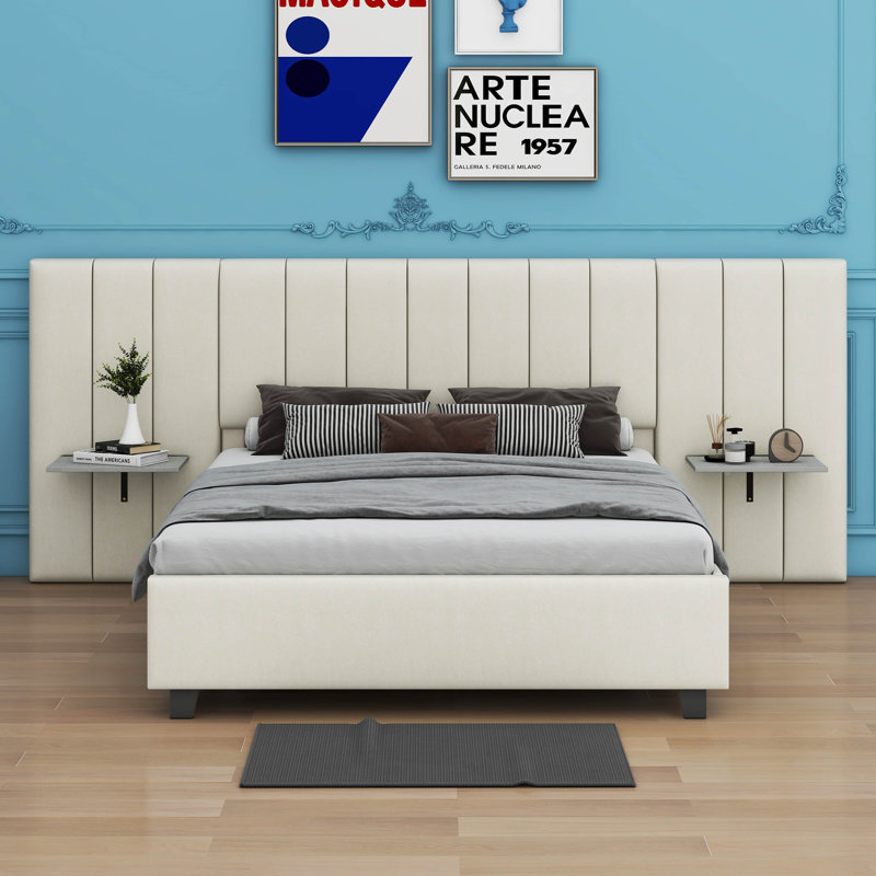 Upholstered Platform Bed with Big Headboard, Beige, Queen