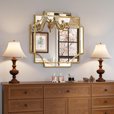 Gold Framed Mirror For Wall, 26"X26" Gold Square Vanity Mirror Decorative Mirror Beveled Wall Decor For Bathroom Powder Room Living Room Bedroom Bedside Table Entryway Hallway