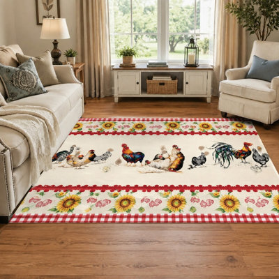 Tapis de ferme mignon avec coq et poule (1 pièce), lavable et facile à nettoyer, idéal pour le salon, la chambre à coucher, la cuisine ou l'entrée. Décoration intérieure pour la maison.