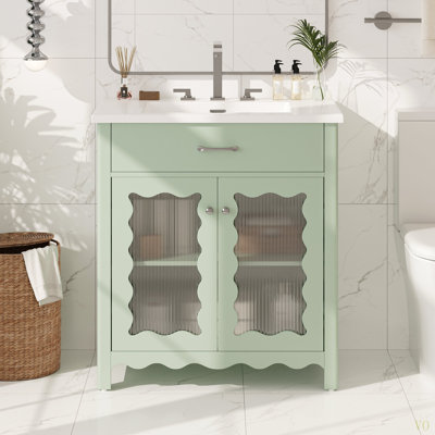 Meuble-lavabo de 30 pouces avec verre trempé, armoire de salle de bain moderne avec pieds en bois d'hévéa et portes à fermeture en douceur