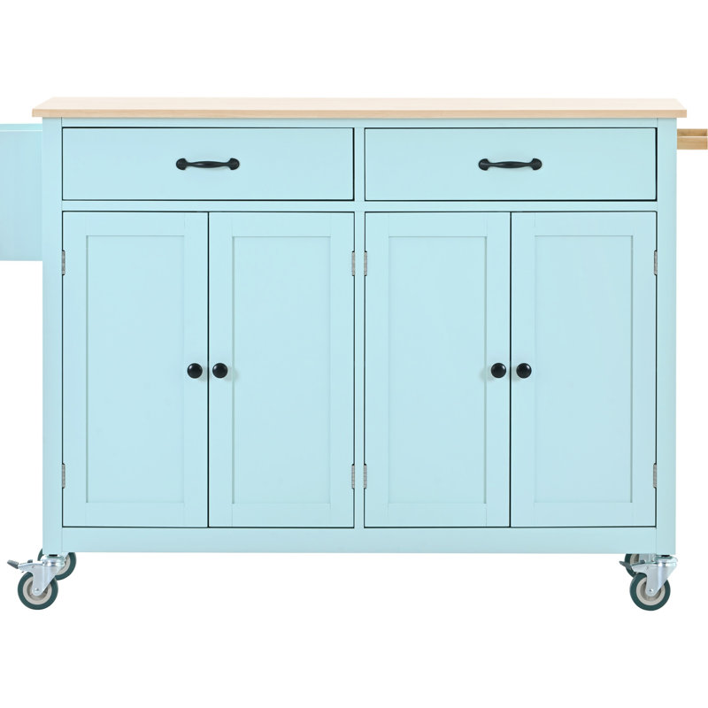 Kitchen Island Cart - Solid Wood Top, 4 Door Cabinet With 2 Drawers, Customizable Shelf, Embedded Spice & Towel Rack, Locking Wheels (Mint Mint Desktop, Cabinet, Adjustable Shelves,