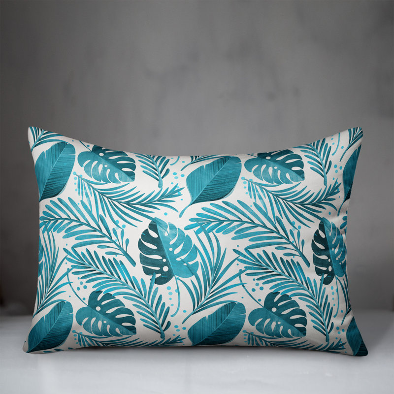 Coussin lombaire intérieur / extérieur Coastal Leaves, Pas de bourre, Sarcelle / blanc cassé
