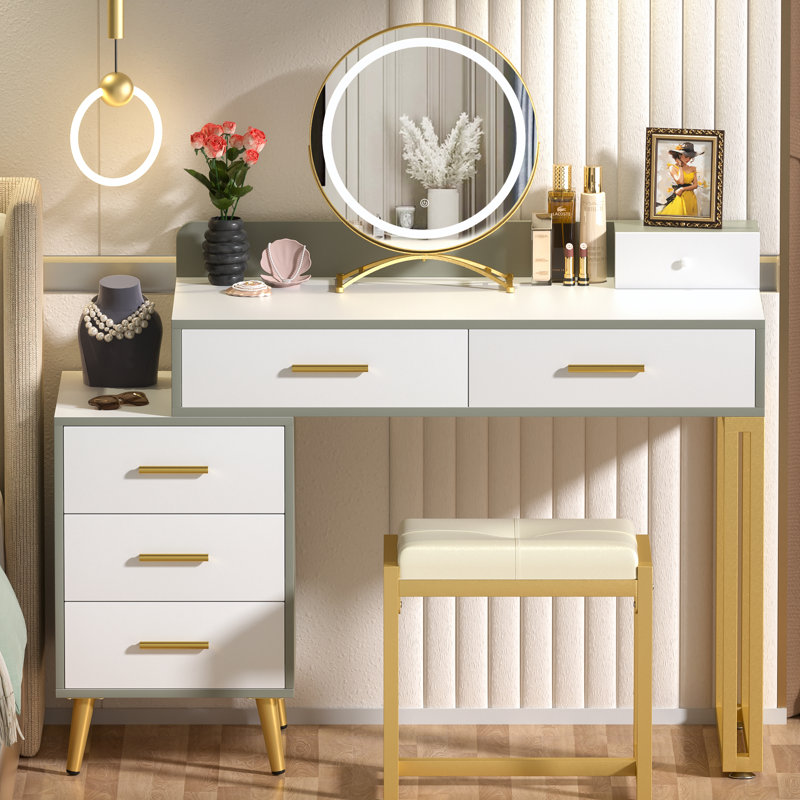 Meuble-lavabo avec miroir et tabouret Foivos, Blanc/vert