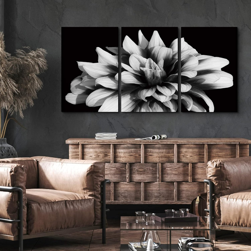 Flower Blossom «Black and White Chrysanthemum Flower», 3 pièces sur toile, H 36 po x l 72 po