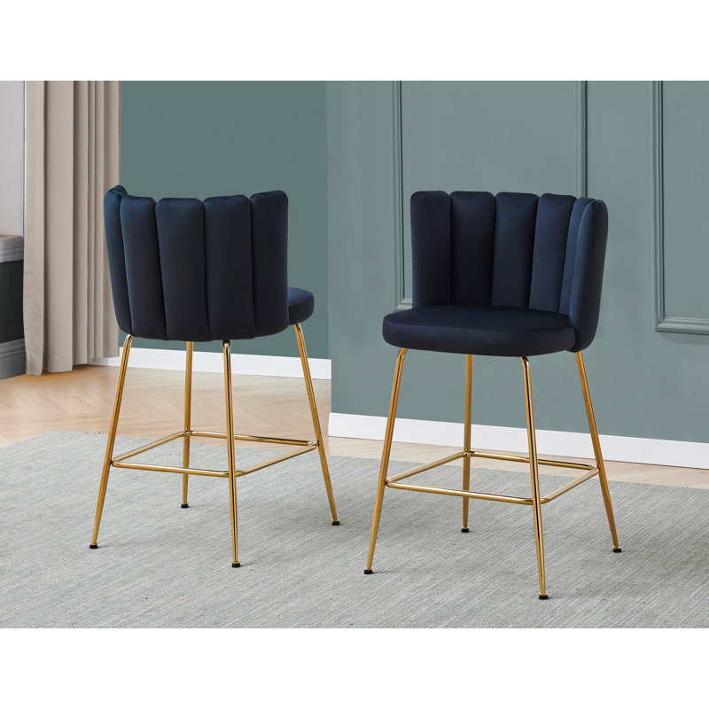 Chanett Upholstered Counter Stool with Metal Frame, Black Velvet, Brushed Gold