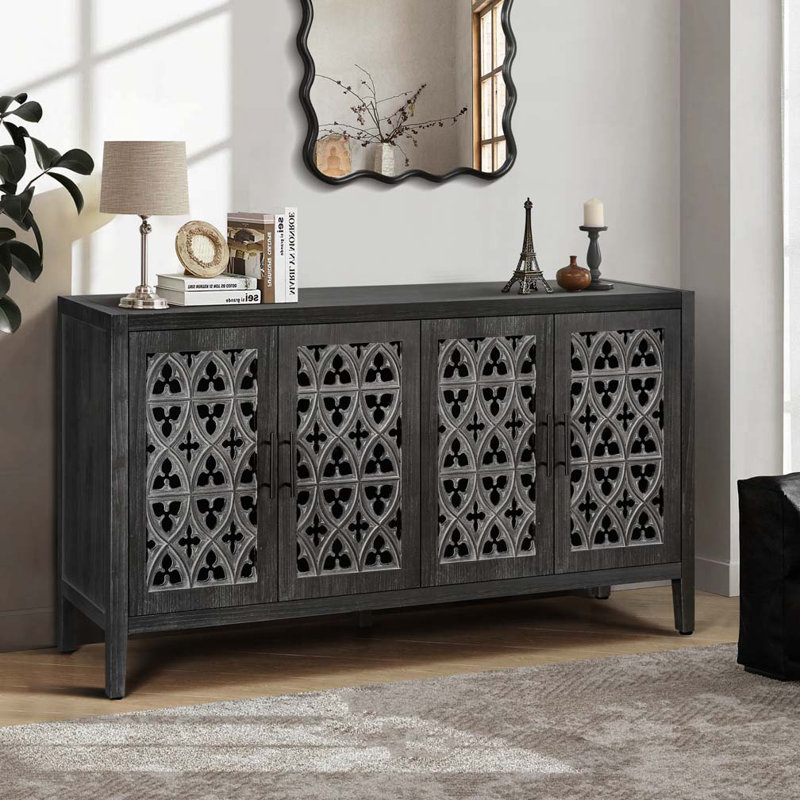 Crédence d'armoire de cuisine 59,8 po avec 4 portes losanges à motif convexe et 2 tablettes, Noir antique