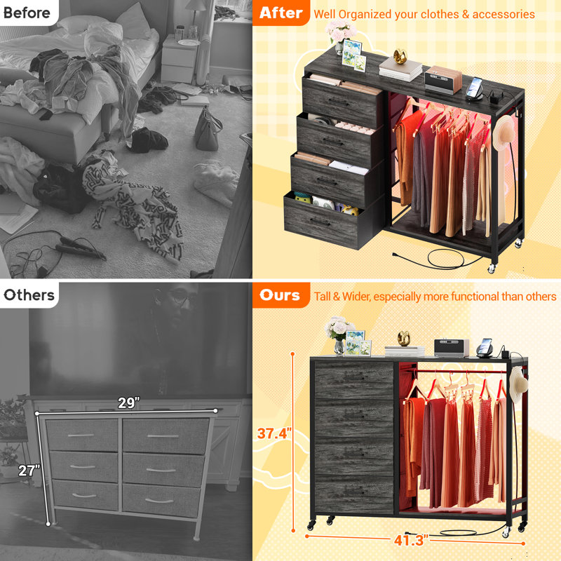 Commode 4 tiroirs Nasin avec support à vêtements, station de charge et lumières DEL, Chêne noir