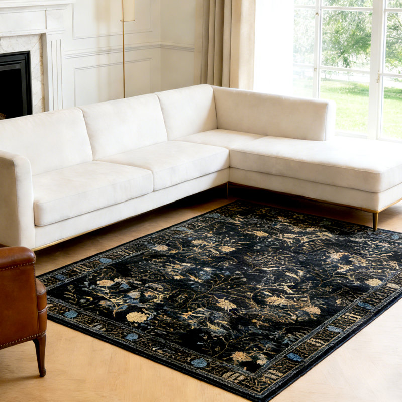 9x12 Vintage Retro Boho Area Rug. Machine Washable Low Pile Living Room Carpet with Non-Slip TPR Backing. Pet Friendly Boho Rug for Bedroom and Dining Room, Black