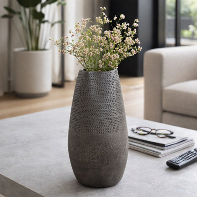 Decorative Clay Table Vase For Living Room Decor - Stylish Rustic Tall Flower Vase For Office Or Home Decor Accent - Brown & Tan