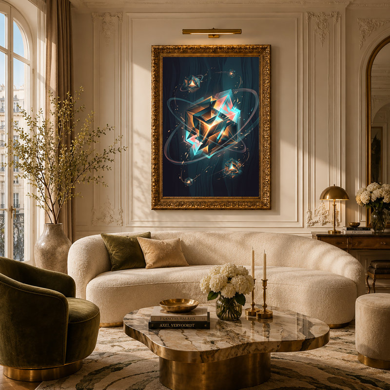 Art mural sur toile en forme de cristal géométrique rougeoyant et cyan, 24"H x 16"W