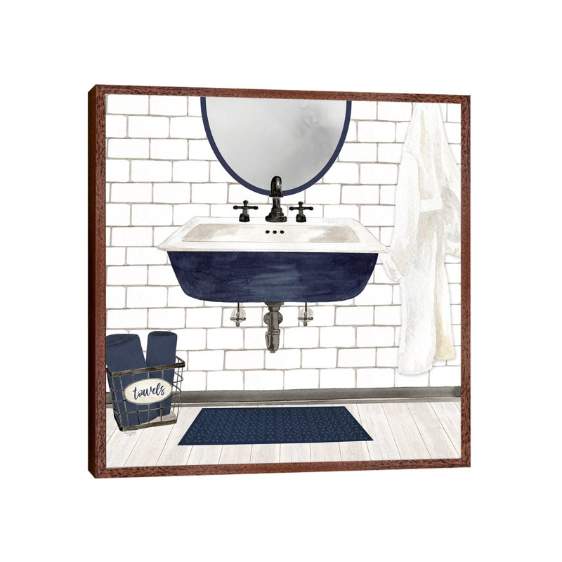 Farmhouse Bath II Navy-Sink 1 Piece Painting on Canvas, 93.98cm H x 93.98cm W x 3.81cm D, Classic Brown Wood Framed