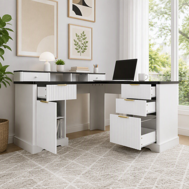 Bureau en L 59 po cannelé avec station de charge et armoire de rangement 59 po Modern, Blanc