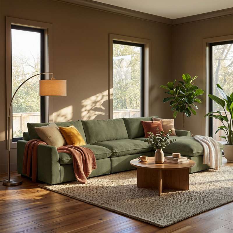 Canapé modulaire rembourré 130,7 po Salha, Velours vert mousse