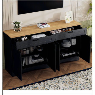 Meuble télé Farmhouse avec 2 tiroirs pour téléviseurs jusqu'à 70 ans, buffet à grain de bois polyvalent avec tablettes réglables, armoire Mid-Century avec poignées rustiques pour le salon / la chambre à coucher