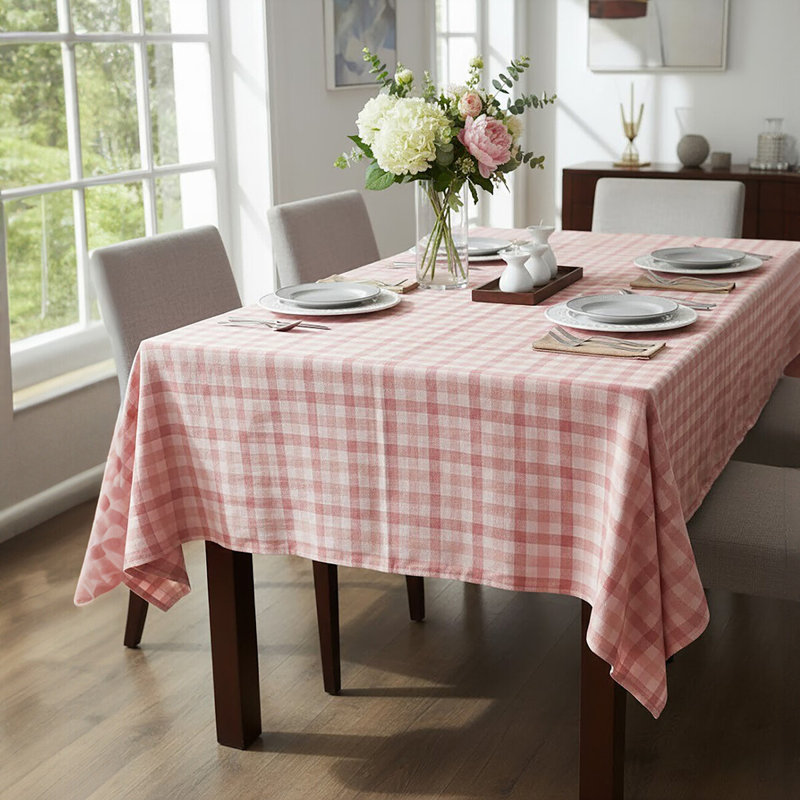 --- Rectangular Tartan Tablecloth, Coral