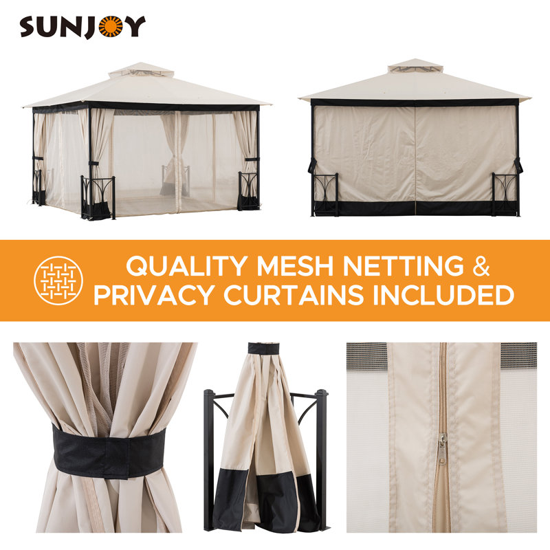 Sunjoy 11 x 13 ft. Gazebo with 2-Tier Hip Canopy Roof, Steel Frame Soft top Gazebo with Curtain and Mosquito Netting