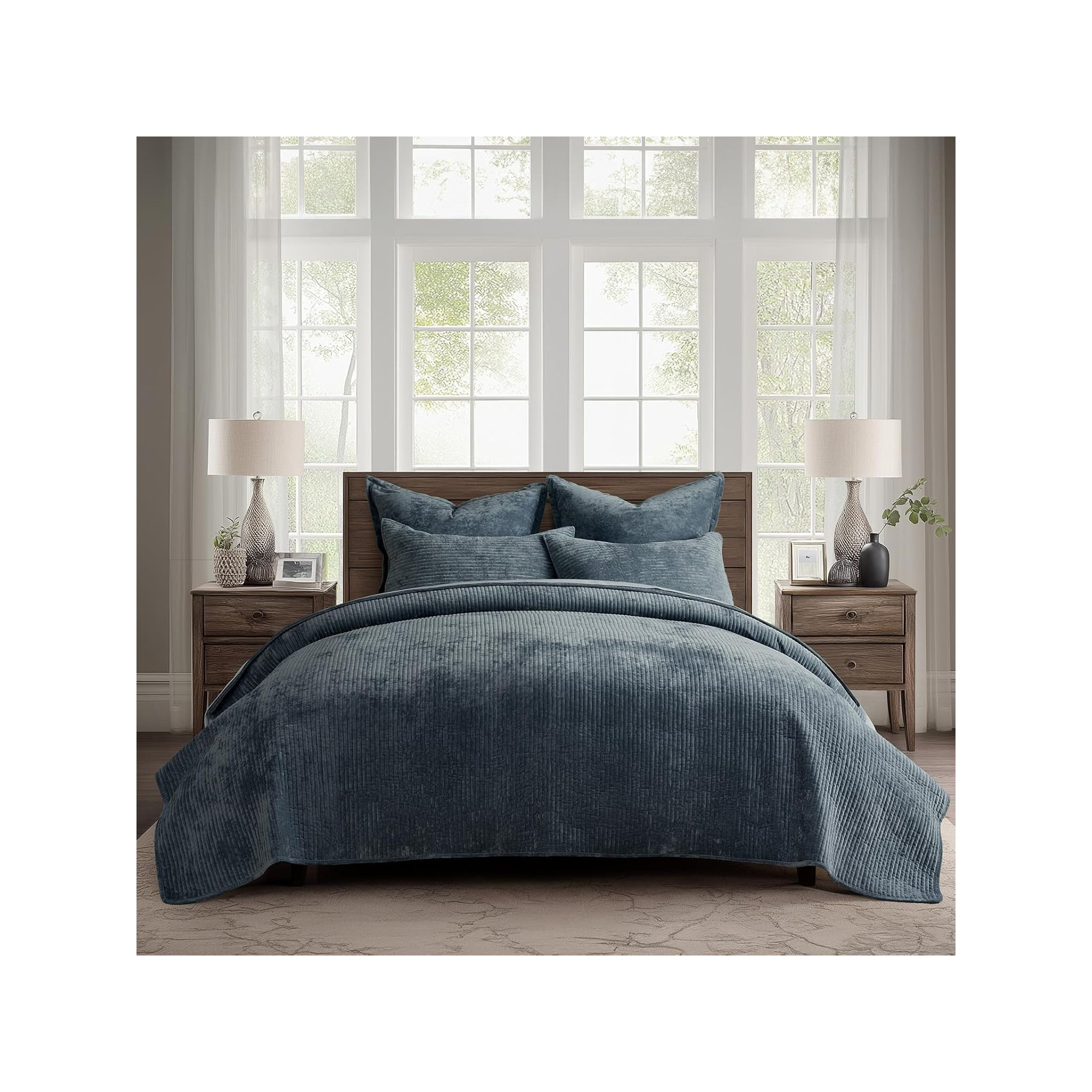 Striped Channel Velvet Quilt Set, Queen, Midnight Blue