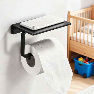 Porte-papier hygiénique de style hôtel avec tablette pour téléphone, porte-papier hygiénique mural en laiton massif, finition noire mate résistante à la corrosion pour la salle de bain et la cuisine