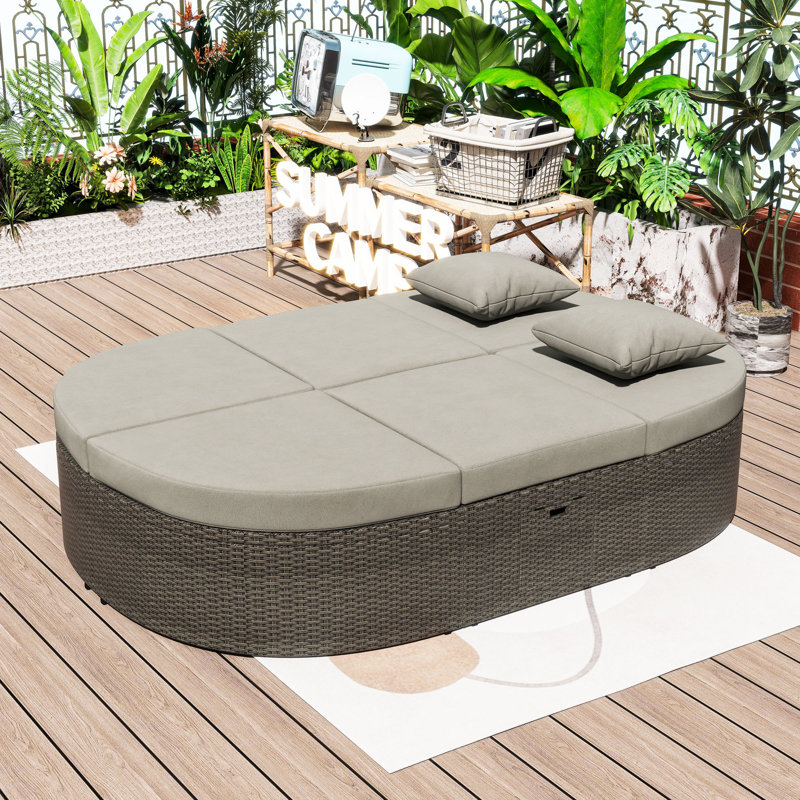 Lit de jour réglable en rotin PE pour l'extérieur avec coussins confortables et plateaux latéraux pratiques, Gris, Gris clair