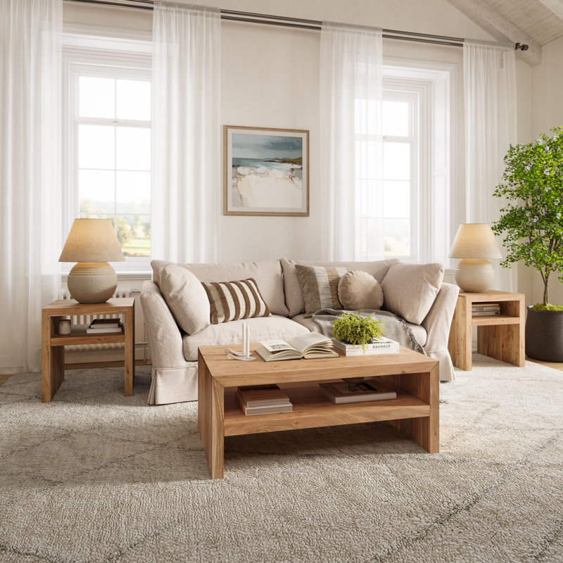 Chamniss Three Piece Modern Solid Wood Mitered Living Room Table Set, Brown