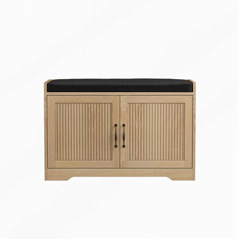 Banc de rangement pour hall d'entrée avec portes doubles, coussin confortable et lattes verticales, Chêne, Chêne