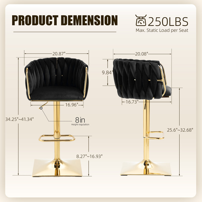 Swivel Adjustable Height Bar Stool with Golden Base, Black Velvet
