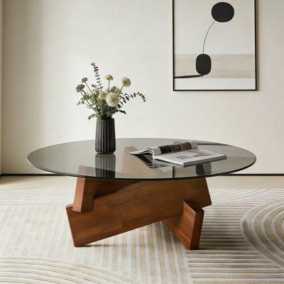 Modern Round Coffee Table For Living Room, 27.5" X 27.5" X 12.2" Mid Century Center Table With Tempered Glass Top And Wood, Walnut, Coffee Table
