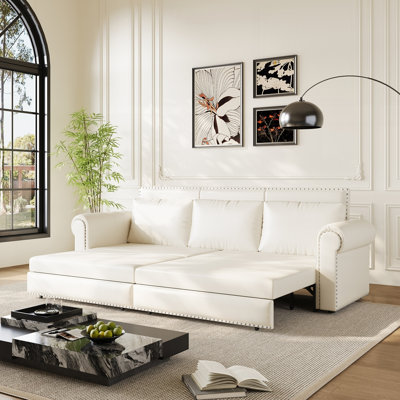 Chesterfield Sofa,93.7" King Pull Out Sofa Bed,3-In-1 Faux Leather Convertible Sleeper Sofa With Nailhead Trim & Rolled Arm,Multi-Functional Sofa Bed For Living Room