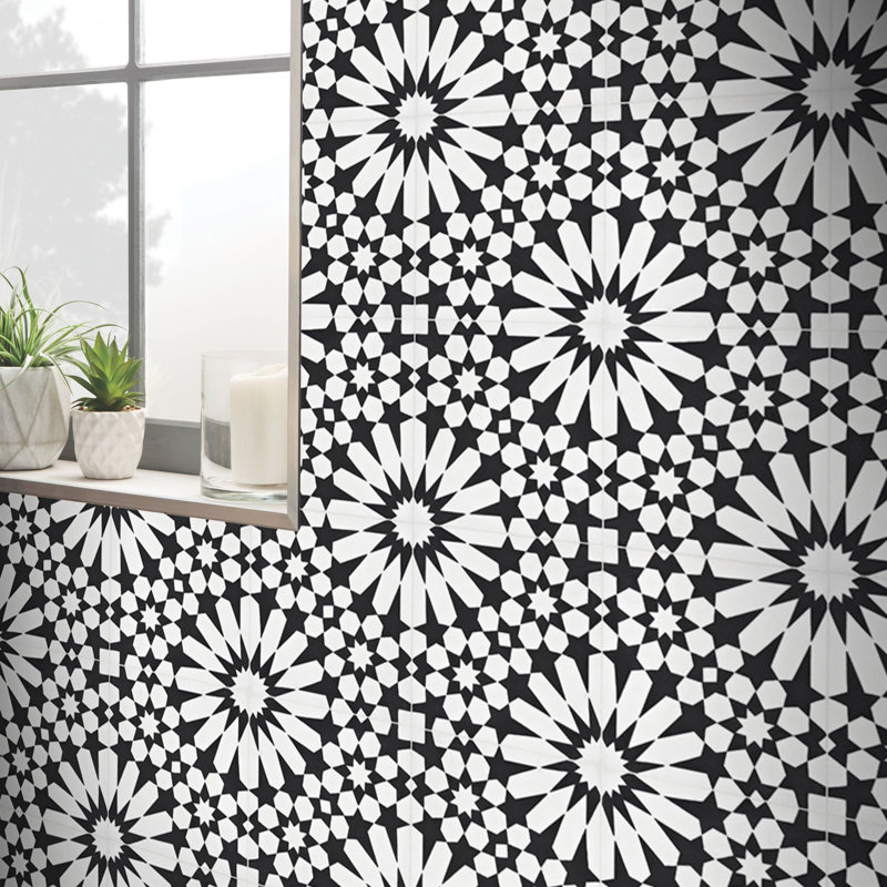 Carreau de plancher et de ciment à motif ciment 8 po x 8 po Agdal, Noir / Blanc