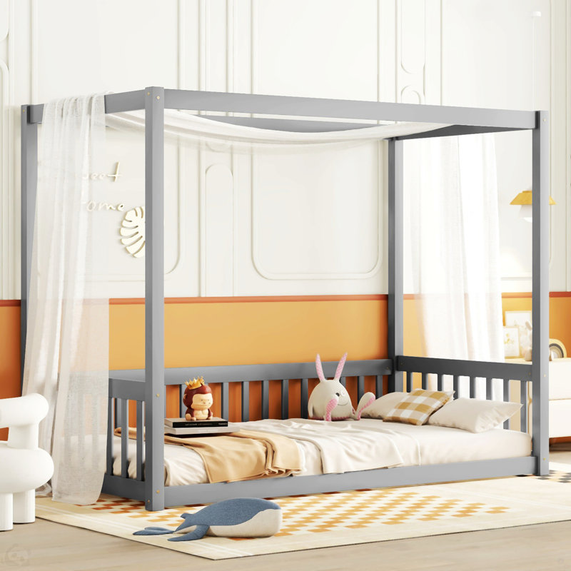 Full Size Canopy Frame Floor Bed With Fence, Guardrails, Twin, Grey
