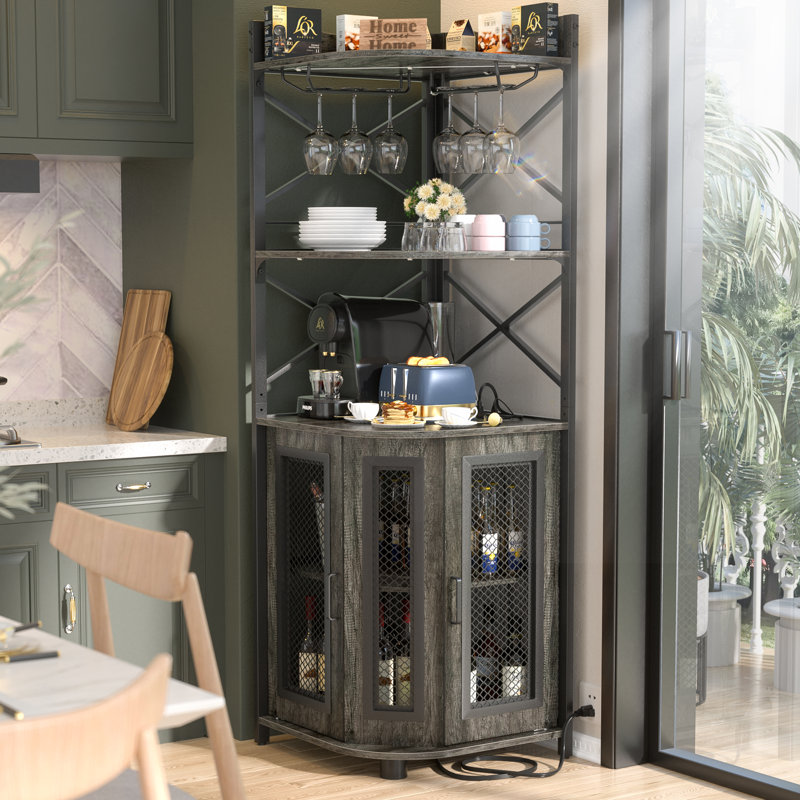 Xachary 64.2 ”Height, 25.6''Width Conner Bar Cabinet with Wine Storage and Led Strip, Gray Oak/Black