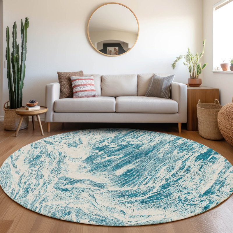 Premium Machine Washable Prisco Teal Rug, Round 8'