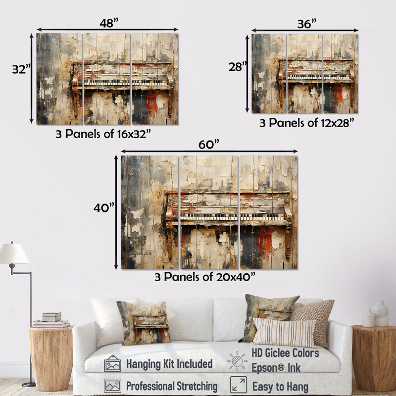 Rustic Brown Piano Melody I - Piano, art mural, H 28 po x l 36 po, Toile tendue