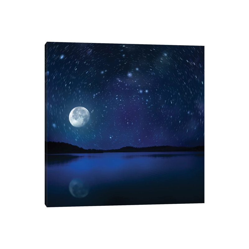 Moon Rising Over Tranquil Lake Against Starry Sky. by Evgeny Kuklev - Wrapped Canvas Gallery-Wrapped Canvas Giclée