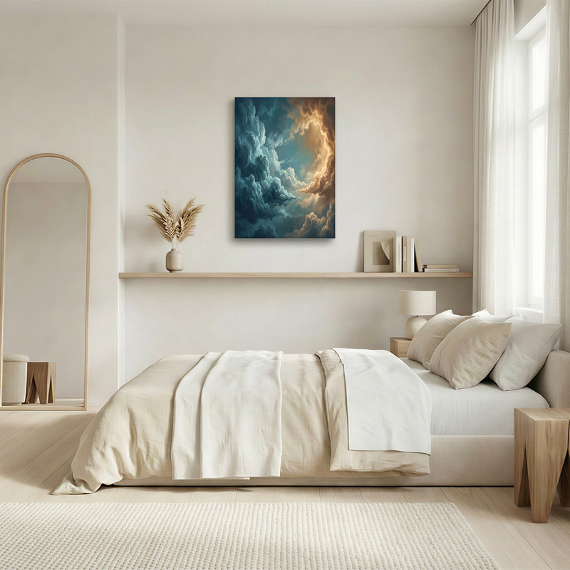Art sur toile bleu foncé et soleil, H 20 po x l 30 po