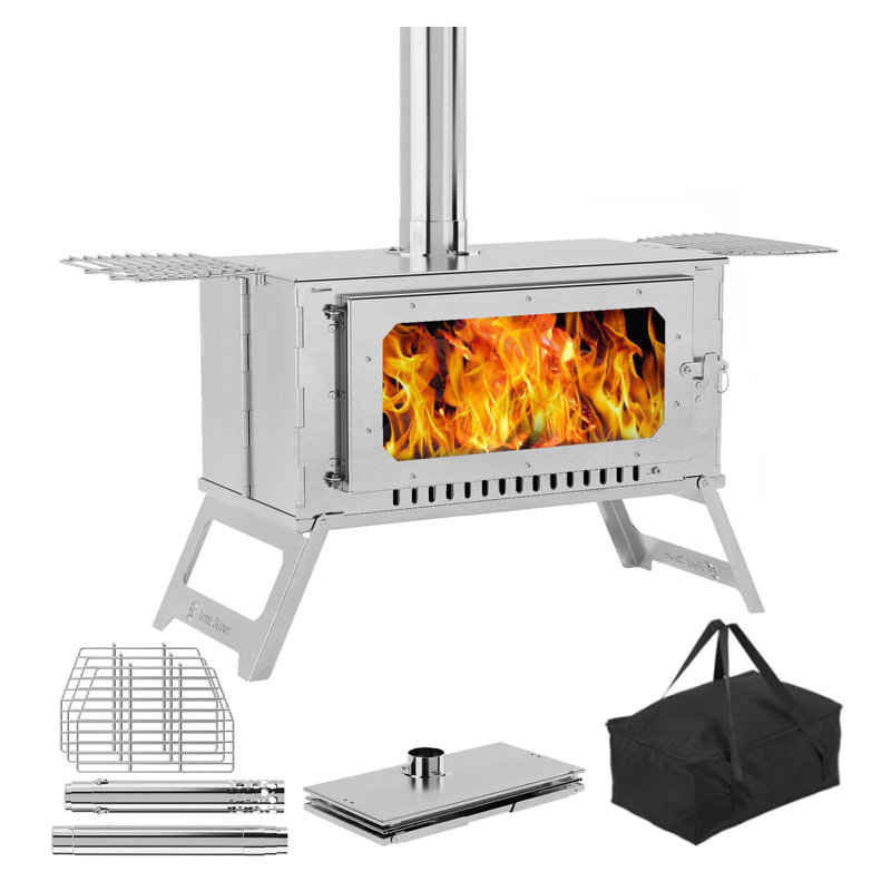 Camping Wood Stove Stainless Steel Wood Burning Stove with Pipes and View Glass Tent Stove with Carrying Bag With Grill Grate