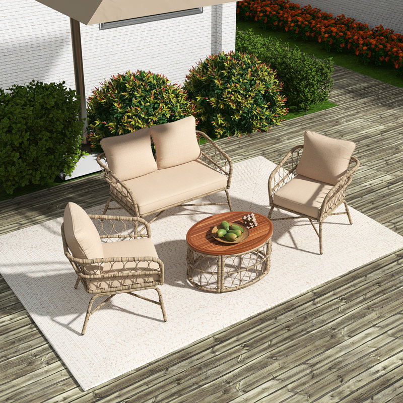Ensemble de conversation d'extérieur 4 personnes avec coussins amovibles, ensemble de patio conversation avec plateau de table en bois beige d'inspiration bohémienne