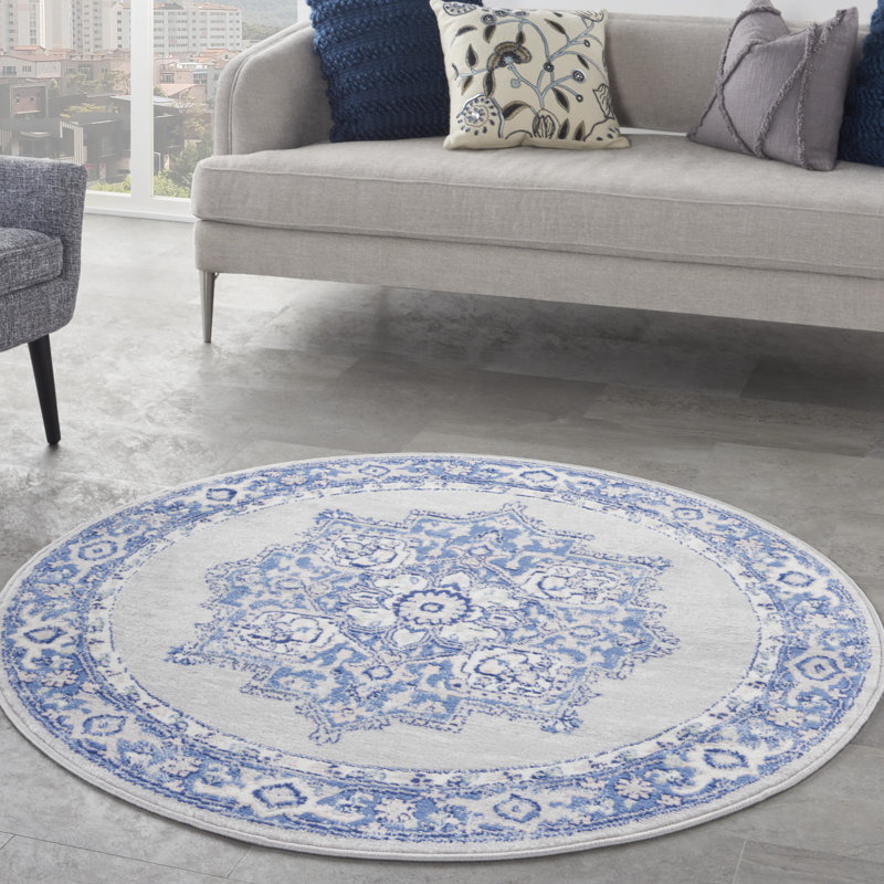Tapis oriental en polypropylène bleu / beige tissé à la machine, Rond 5 pi