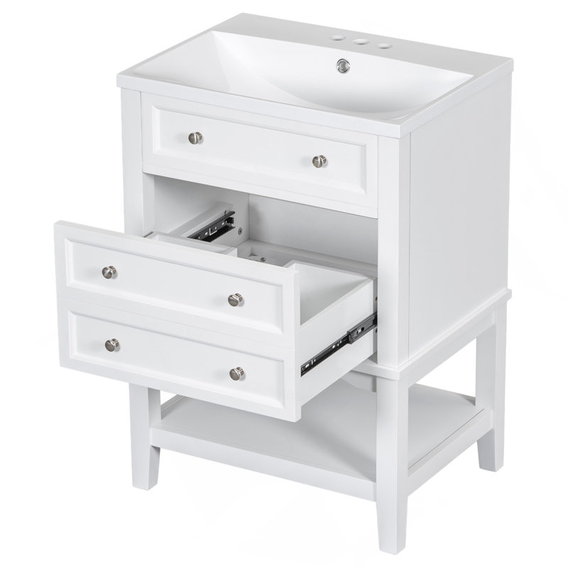 Meuble-lavabo 24 po avec lavabo, armoire de rangement avec tiroir et tablette ouverte, structure en bois massif, blanc