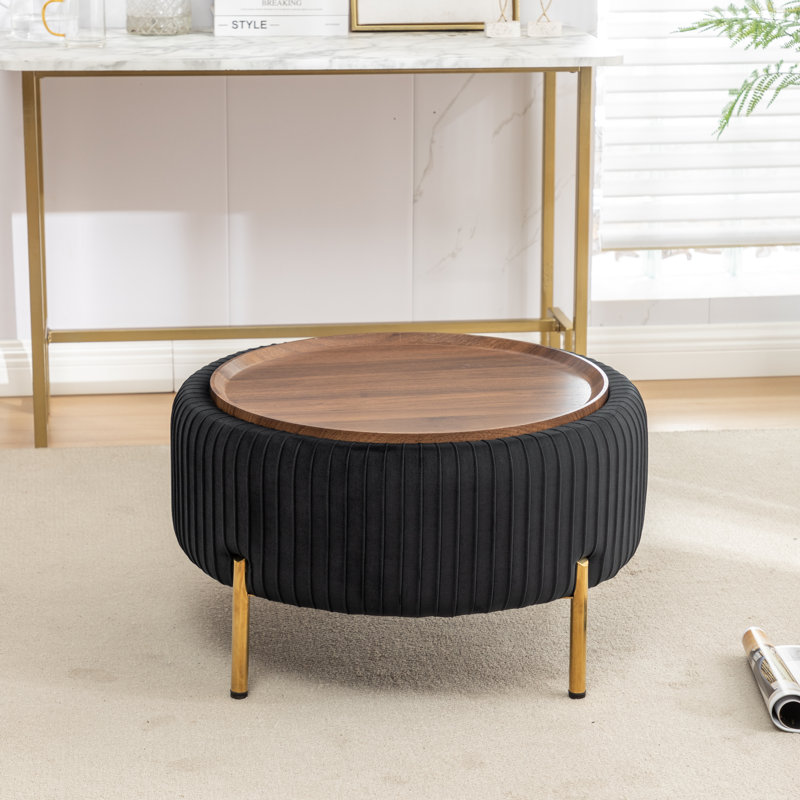 Miajah Upholstered Round Storage Ottoman, Black