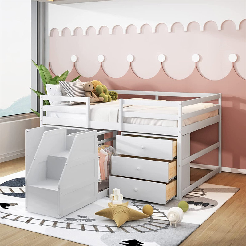 Lit mezzanine double avec armoires et tiroirs, Blanc