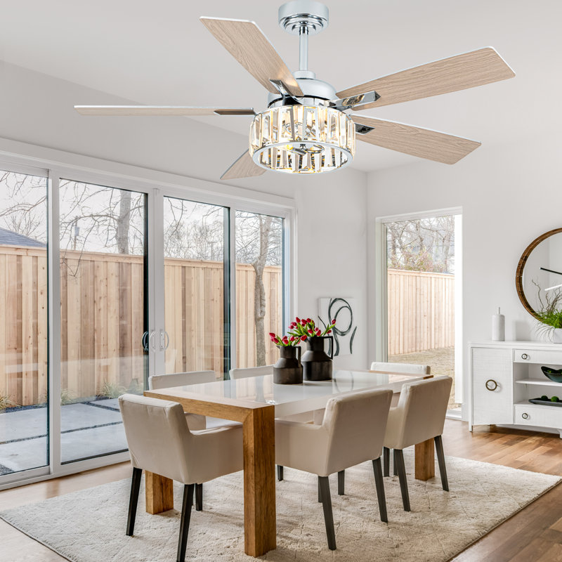 52 Inch Crystal Ceiling Fan With Light, Modern Quiet DC Motor Reversible Chandelier Ceiling Fan For Living Room